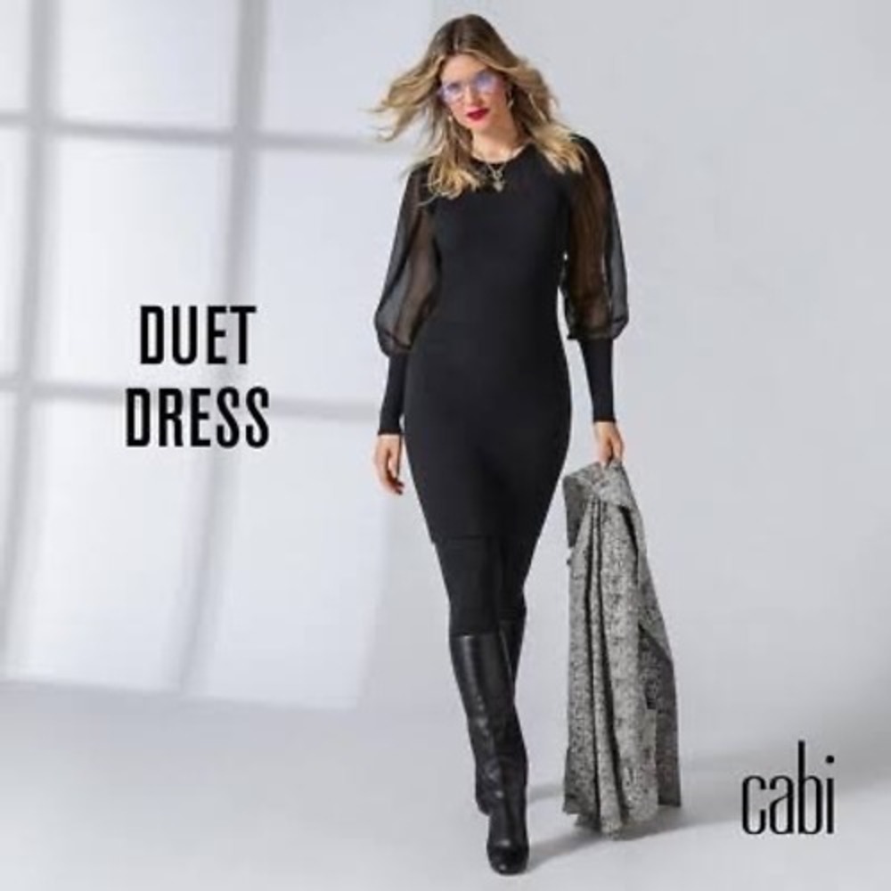 Cabi Duet Dress 4455 Black Rib Knit Sheer Balloon Sleeve Sweater Dress Women M